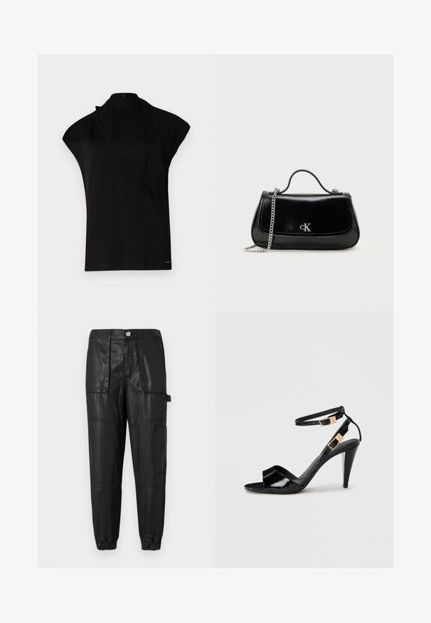 Sort, højhalset top med korte ærmer, der har et asymmetrisk design og et langt halsbånd. Lavet af glat stof med et minimalistisk udtryk.; Sorte læderbukser med elastisk talje, snævre manchetter og flere lommer. Stoffet har en let blank finish.; Sorte patentlæder højhælede sandaler med dobbelte ankelremme og guldspænder, åben tå og slank taperet hæl på neutral baggrund.; Sort læderhåndtaske med en kædestrop, struktureret form og et sølvlogo. Glat overflade med flaplukning.