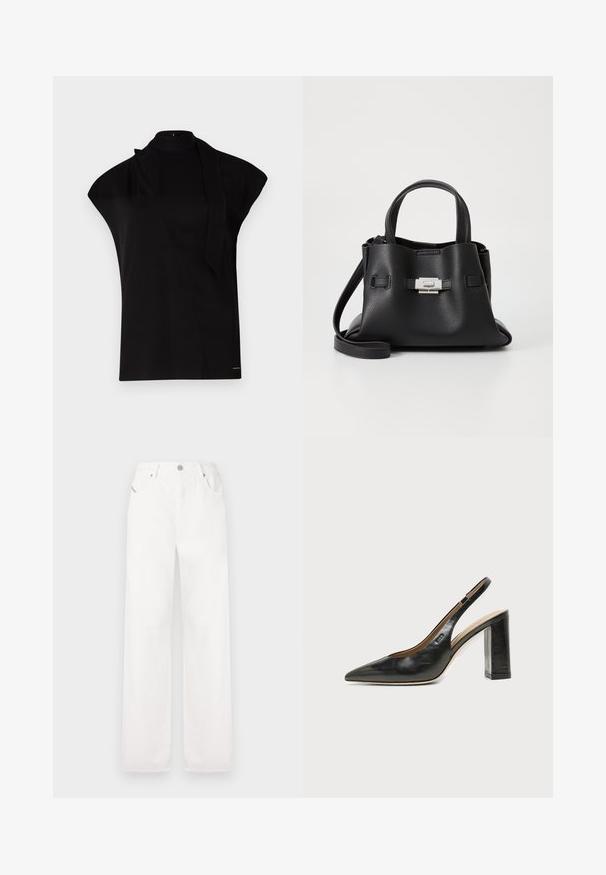 Top noir à col montant avec manches courtes, présentant un design asymétrique et une longue cravate. Fabriqué en tissu lisse au look minimaliste.; Pantalons en coton blancs à jambes larges avec un design classique à cinq poches et une fermeture à bouton en métal, comprenant des détails de couture subtils.; Chaussure slingback en cuir noir à bout pointu avec un talon bloc haut et une doublure intérieure beige sur un fond clair uni.; Sac à main en cuir noir avec une finition texturée, doté de deux poignées supérieures, d'une bandoulière amovible et d'un détail de fermoir en argent.