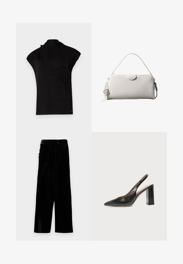 Zwarte top met hoge hals en kapmouwen, met een asymmetrisch ontwerp en een lange nekband. Gemaakt van een gladde stof met een minimalistische uitstraling.; Zwarte fluwelen broek met brede pijpen, een hoge taille en een zijrits, weergegeven tegen een witte achtergrond.; BOSS MIAH - Klassieke pumps - black; Witte rechthoekige Calvin Klein handtas met enkele handgreep, minimalistisch ontwerp en decoratieve kwastjes met geometrische metalen hanger aan de zijkant.