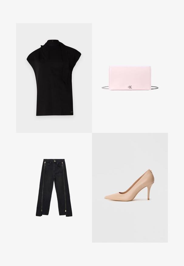 Sort, højhalset top med korte ærmer, der har et asymmetrisk design og et langt halsbånd. Lavet af glat stof med et minimalistisk udtryk.; Sorte denimjeans med lige ben-design, der har guld lynlåse langs siderne og almindelige lommer ved taljen.; Beige læder højhælet sko med spids snude, glat tekstur og slank stilet-hæl. Minimalistisk design med slip-on stil.; Lyserød rektangulær læderclutch med sølvkæde og lille sølvfarvet CK-logo midt på forsiden.