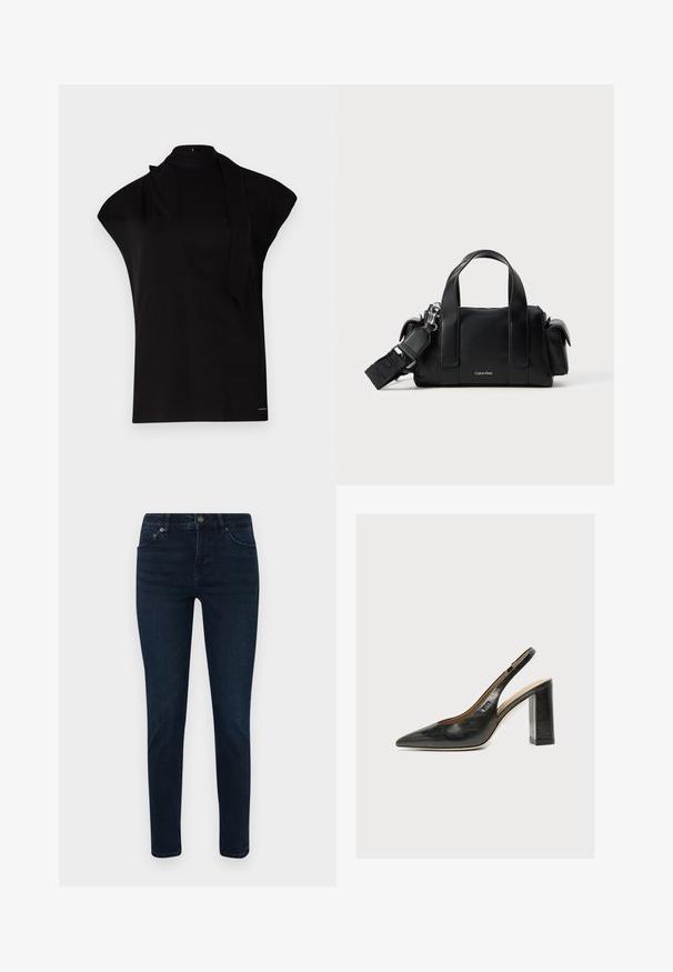 Schwarzes, hochgeschlossenes Oberteil mit kurzen Ärmeln, das ein asymmetrisches Design und eine lange Halsschleife aufweist. Hergestellt aus glattem Stoff mit einem minimalistischen Look.; Dunkelblaue Jeans mit schmaler Passform, ausgestattet mit einem Fünf-Taschen-Design, Knopfverschluss und dezenten Nähdetails. Glatte Textur über die gesamte Fläche.; Schwarzer Leder-Damenslingback-Schuh mit spitzer Zehenpartie und dickem hohem Blockabsatz vor weißem Hintergrund.; Schwarze Lederhandtasche mit doppelten oberen Griffen und einem abnehmbaren Schultergurt. Verfügt über einen Reißverschluss und ein dezentes Logo auf der Vorderseite.