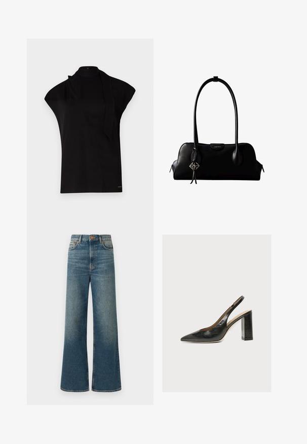 Sort, højhalset top med korte ærmer, der har et asymmetrisk design og et langt halsbånd. Lavet af glat stof med et minimalistisk udtryk.; Bredde ben jeans i medium blå denim, med høj talje, fem-lomme design og en subtil falmet finish. Kobberknap og syninger som detaljer.; Sort læder kvindesko med slingback, spids tå og tyk blokhøj hæl på hvid baggrund.; Sort lædertaske fra Calvin Klein med lange håndtag, en forside-logo-tag og en sølv geometrisk vedhæng, der hænger fra det ene håndtag.