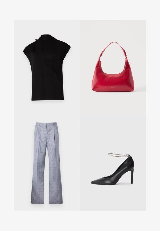 Zwarte top met hoge hals en kapmouwen, met een asymmetrisch ontwerp en een lange nekband. Gemaakt van een gladde stof met een minimalistische uitstraling.; Grijze geruite broek met een wijd uitlopende stijl, voorzien van plooien en een subtiele textuur. Gemaakt van lichtgewicht stof met een getailleerde pasvorm.; Zwarte leren hoge hak pump met een spitse neus, voorzien van een dunne zilveren ketting enkelband en een strakke, gladde textuur.; Rode leren schoudertas met gouden rits en verstelbare band, Calvin Klein-logo gecentreerd aan de voorkant.