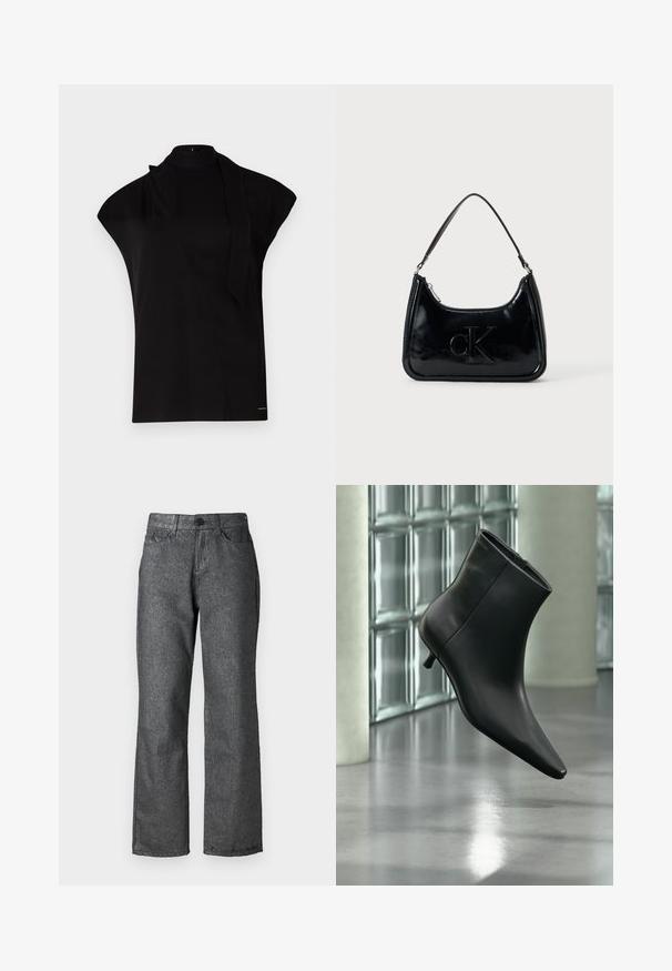 Sort, højhalset top med korte ærmer, der har et asymmetrisk design og et langt halsbånd. Lavet af glat stof med et minimalistisk udtryk.; Grå denim jeans med en let glans, lige ben design, fem lommer, knaplukning og synlige søm detaljer.; Sort læderankelstøvle med spids tå og lav kitten-hæ, vist vinklet mod en poleret gulv- og glasblokvæg.; Sort patentlæder håndtaske med et buet topgreb, lynlåsslukning og prægede "cK" logo på fronten. Glat tekstur, struktureret form.