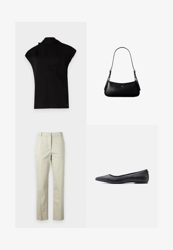 Sort, højhalset top med korte ærmer, der har et asymmetrisk design og et langt halsbånd. Lavet af glat stof med et minimalistisk udtryk.; Beige bomuldsbukser med lige ben, central fold og bæltestropper. Har to sidelommer og en ren, skræddersyet finish.; Sort flad lædersko med spidst tåparti og lav hæl, vist i sideprofil mod en hvid baggrund.; Sort læder mini skuldertaske med tynd rem og lille gyldent CK-logo på fronten i midten.