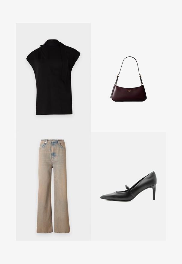 Top noir à col montant avec manches courtes, présentant un design asymétrique et une longue cravate. Fabriqué en tissu lisse au look minimaliste.; Jean large en délavé clair à taille haute, en denim. Comprend des coutures discrètes et cinq poches, avec une texture légèrement décolorée.; Escarpin noir en cuir à bout pointu avec une fine bride et une boucle sur le cou-de-pied, posé sur un fond clair neutre.; Sac à main en cuir bordeaux foncé avec une fine sangle d'épaule noire et un petit logo doré "cK" au centre devant.