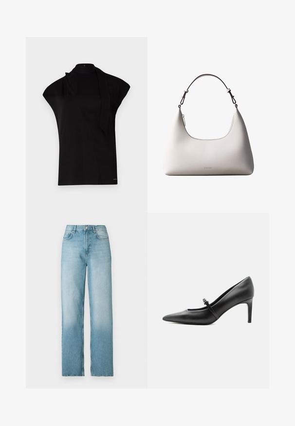 Sort, højhalset top med korte ærmer, der har et asymmetrisk design og et langt halsbånd. Lavet af glat stof med et minimalistisk udtryk.; Lyseblå høj talje straight-leg denimjeans med frontknap og lynlås, for- og baglommer, vist på hvid baggrund.; Sort læderspids højhælede sko med tynd rem og spænde over vristen, stående på en neutral lys baggrund.; Cremefarvet skuldertaske i læder fra Calvin Klein med buet topkant, sølvfarvet lynlås og mørkebrun justerbar rem.