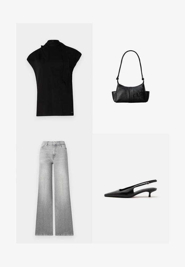 Sort, højhalset top med korte ærmer, der har et asymmetrisk design og et langt halsbånd. Lavet af glat stof med et minimalistisk udtryk.; Bredde ben grå denim jeans med en falmet finish, frontlomme og knaplukning. Har lige ben og klassisk kant.; Sort læder slingback sko med spids tå og lav lille hæl på en ensartet lys baggrund.; Sort læder skuldertaske med lang rem, sidelommer og præget Calvin Klein-logo på fronten.