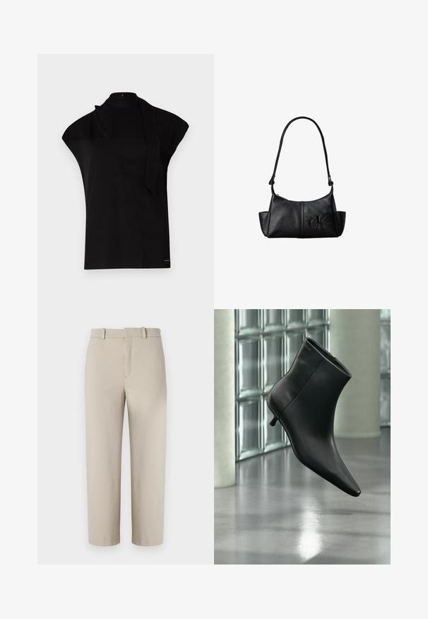 Top noir à col montant avec manches courtes, présentant un design asymétrique et une longue cravate. Fabriqué en tissu lisse au look minimaliste.; Pantalons beiges coupés, design ajusté, devant plat avec fermeture éclair dissimulée, deux poches latérales, fabriqués en tissu en coton mélangé lisse.; Bottine en cuir noir à bout pointu et petit talon kitten, présentée en angle devant un sol poli et un mur en blocs de verre.; Sac à bandoulière en cuir noir avec une longue sangle, des poches latérales et le logo Calvin Klein embossé sur le devant.
