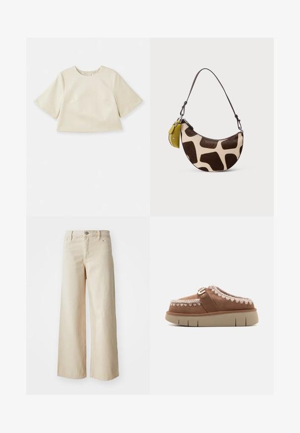 Crème-kleurige cropped top van glad materiaal, met korte mouwen, een ronde halslijn en subtiele naaddetails.; Beige wijdvallende jeans van denim, met een hoge taille, knoopsluiting, riemlussen en zijzakken. Gladde textuur en relaxed fit.; Bruine leren instapper met een beige rubberen zool, contrasterend gevlochten detail op de bovenkant en een decoratieve gesp-accent.; Klein handtasje in halve maanvorm met bruin-beige giraffepatroon, dunne donkere band en eraan bevestigd klein geel tasje.