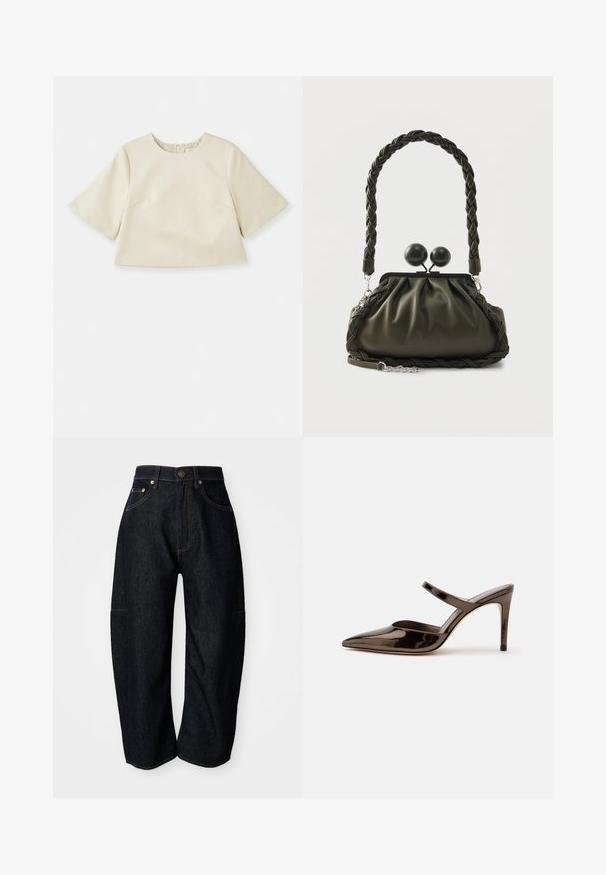 Cremefarvet cropped top lavet af glat materiale, med korte ærmer, rund halsudskæring og subtile syninger.; Mørke denim jeans med en afslappet pasform, der har diskret orange syninger, forlommer og en flad talje med en knaplukning.; Skinnende mørkebrune mule med spids tå og høje hæle med en tynd rem over foden på en ensfarvet hvid baggrund.; Olivengrøn læderhåndtaske med flettet håndtag og sølvhardware, med en samlet design og runde låsedetaljer på toppen.