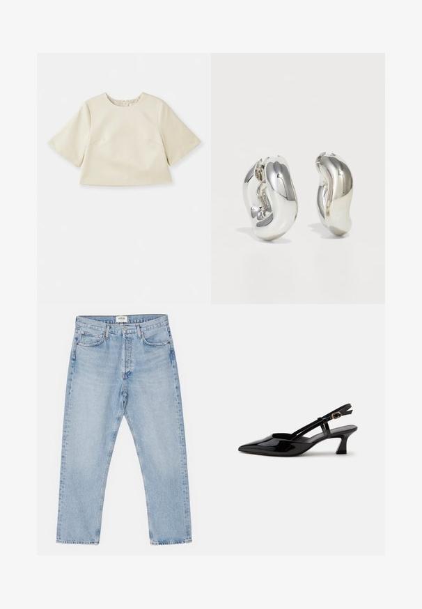 Cremfarbener Cropped-Top aus glattem Material, mit kurzen Ärmeln, rundem Ausschnitt und dezentem Nahtdesign.; Helles blaues Denim mit klassischem geradem Schnitt, fünf Taschen und Knopfverschluss, mit subtilen Verfärbungen und robuster Textur.; Schwarzer Slingback-Pumps aus Lackleder mit spitzer Spitze und verstellbarem goldfarbenem Riemen auf weißem Hintergrund.; Silberne skulpturale Ohrringe mit glatten, geschwungenen Formen und reflektierenden Oberflächen. Sie verfügen über ein geschlossenes Ringdesign und eine ausgeprägte organische Form.