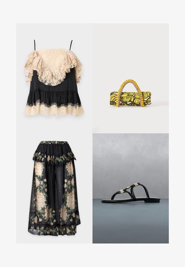 Robe mini noire avec des volants en dentelle beige sur les manches, le décolleté et l'ourlet, avec de fines bretelles noires.; Jupe noire transparente avec grandes fleurs crème et feuilles vertes, avec une taille et un ourlet froncés.; Sandale noire plate avec fines lanières et accents dorés, présentée en extérieur sur une surface en bois à motifs, avec un arrière-plan de verdure et un mur en béton.; Sac rectangulaire avec motif floral jaune et noir et anse tressée jaune et rose sur fond blanc.