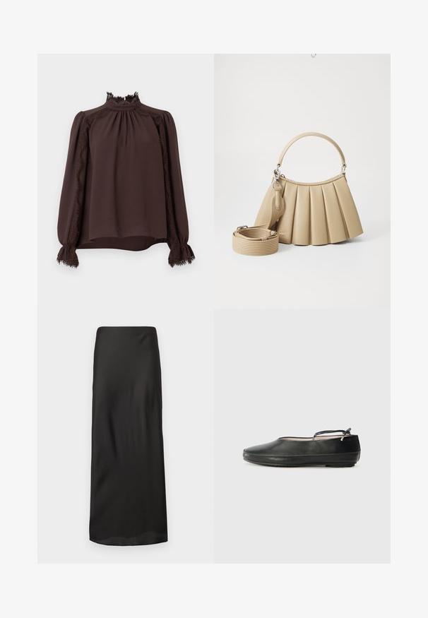 Donkerbruine blouse met lange mouwen, hoge kanten kraag, kanten rand langs de mouwen, opgeblazen schouders en kanten manchetten.; Zwarte maxi rok van glad, lichtgewicht stof. Heeft een rechte silhouet met een elastische tailleband en geen zichtbare patronen of versieringen.; Zwarte leren ballerina's met een ronde neus, een enkelbandje en een gladde oppervlakte. Kenmerkt zich door minimale versieringen en een flexibele rubberen zool.; Lacoste LENGLEN BAG - Handtas - viennois
