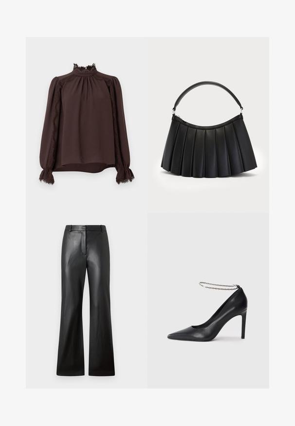 Donkerbruine blouse met lange mouwen, hoge kanten kraag, kanten rand langs de mouwen, opgeblazen schouders en kanten manchetten.; Zwarte leren broek met een gladde textuur, een wijde pijpdesign en een middelhoge tailleband met riemlussen en voorzakken.; Zwarte leren hoge hak pump met een spitse neus, voorzien van een dunne zilveren ketting enkelband en een strakke, gladde textuur.; Zwarte geplooide handtas van synthetisch leer, met een gebogen handvat en bovenste ritssluiting. Gladde textuur met gestructureerd ontwerp.