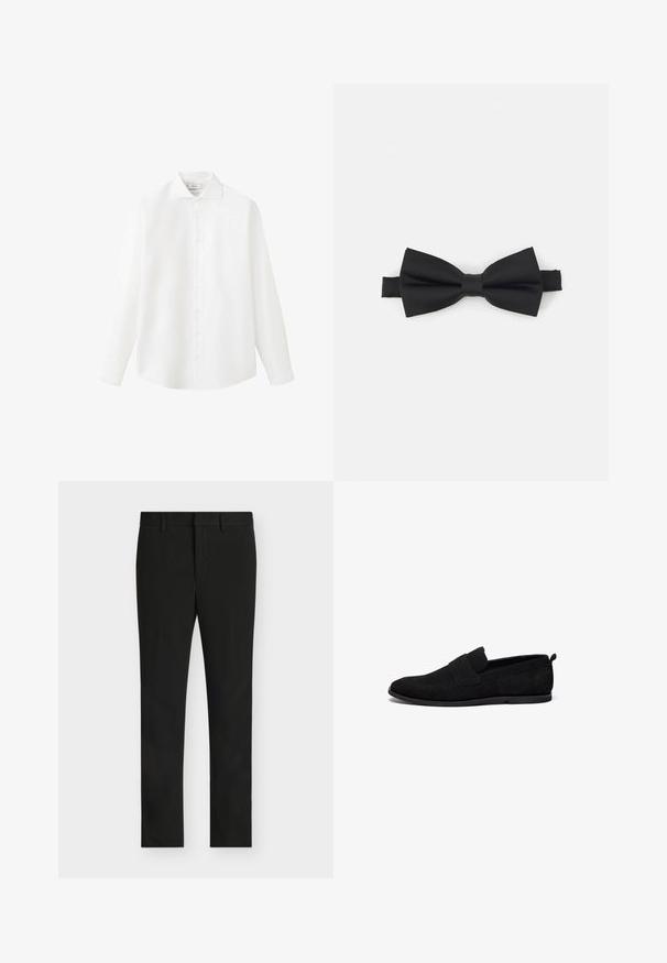 Chemise blanche à manches longues boutonnée avec col, présentée sur un fond blanc uni, vue de face.; Pantalon noir slim fit avec passants de ceinture, fermeture éclair frontale et devant plat, présenté sur un fond gris clair.; Mocassins en cuir suédé noir avec une semelle en caoutchouc plate, présentant un design cousu et un panneau avant surélevé pour un maintien sécurisé.; Noeud papillon noir en tissu lisse avec une forme structurée. Comprend un nœud central et une sangle élastique réglable pour un ajustement parfait.