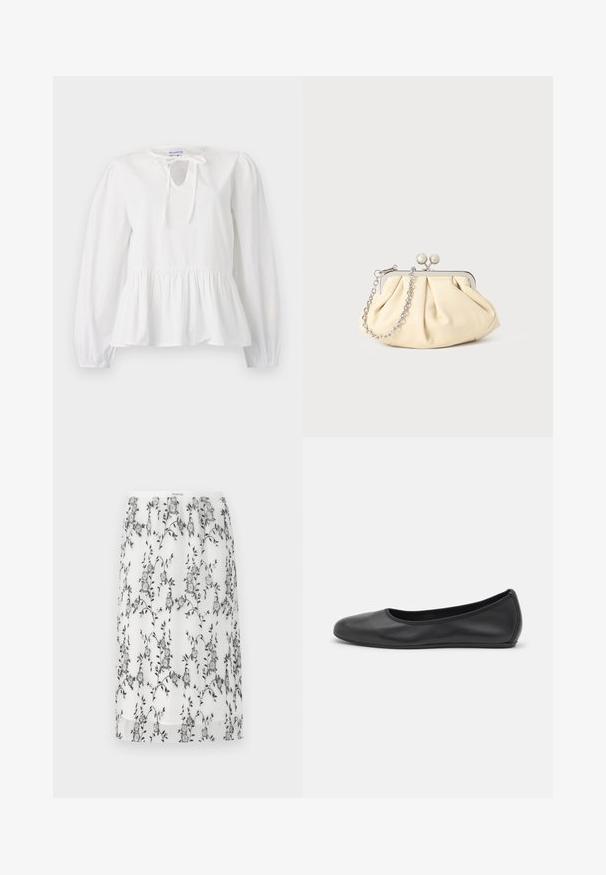 Blouse en coton blanc à manches longues, avec un détail de nœud au col et un ourlet peplum froncé. Texture douce avec une coupe décontractée.; Jupe plissée blanche avec broderie florale noire, dotée d'une taille confortable et d'une coupe longueur genou. Tissu léger et transparent.; Ballerines en cuir noir avec un bout rond, texture lisse, détails de couture minimalistes et design de semelle flexible.; Pochette en cuir beige plissé avec un cadre en métal argenté, dotée de deux fermoirs ronds décoratifs et d'une chaîne en argent.