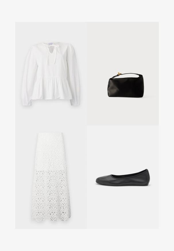 Blouse en coton blanc à manches longues, avec un détail de nœud au col et un ourlet peplum froncé. Texture douce avec une coupe décontractée.; Maje JOZIMALO - Jupe longue - ecru; Ballerines en cuir noir avec un bout rond, texture lisse, détails de couture minimalistes et design de semelle flexible.; Pochette en satin noir avec une forme arrondie, une anse supérieure et un fermoir en doré. Texture lisse avec un design minimaliste.