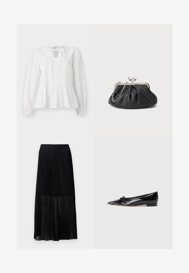 Blouse en coton blanc à manches longues, avec un détail de nœud au col et un ourlet peplum froncé. Texture douce avec une coupe décontractée.; Jupe midi plissée noire avec une taille élastique lisse et une superposition transparente, présentant de fins plis verticaux sur toute la surface du tissu.; Chaussure plate en cuir verni noir avec un bout pointu, une petite lanière décorative et un petit talon carré. Texture lisse et design épuré.; Porte-monnaie en cuir noir avec texture froncée, cadre en métal argenté, fermeture à verrouillage kiss-lock et bandoulière en chaîne. Surface lisse et douce.