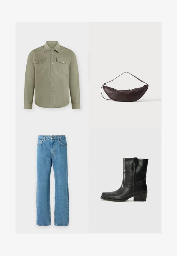 Lys olivengrøn langærmet skjorte med knapper og to brystlommer, hver med flap og knap, vist mod en ensfarvet baggrund.; Lyseblå denimjeans med løs pasform, høj talje, fire lommer og lynlås. Klassisk fem-lomme design.; Sort læder ankelstøvle med rundt tå, blokhæl, lynlås i siden og stikninger på vampsiden. Glat tekstur, klassisk design.; Mørkebrun læder skuldertaske i halvmåneform med buet rem og synlige syninger på ensfarvet baggrund.