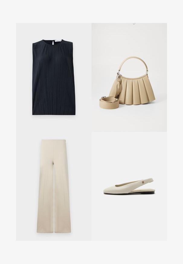 Top negro sin mangas con cuello redondo y espalda con abertura en forma de llave. Presenta pliegues verticales para dar textura. Fabricado con un tejido suave y con un ligero brillo.; Pantalones anchos beige fabricados con una tela suave y de textura lisa. Cuentan con una cintura elástica alta para mayor comodidad y un diseño limpio y minimalista.; Zapato plano slingback de cuero color crema con puntera redondeada y pequeño emblema dorado en la correa.; Lacoste LENGLEN BAG - Bolso de mano - viennois