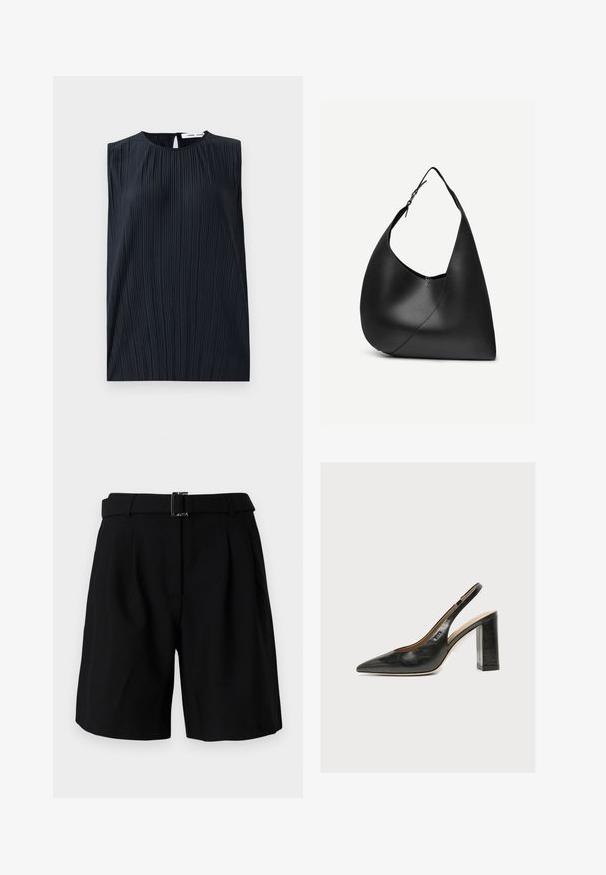Sort ærmeløs top med rund hals og nøglehul bagpå. Har lodrette plisséer for tekstur. Glat stof med en let glans.; Sorte skræddersyede shorts med en glat tekstur, der har en bred talje og en metal spænde detalje. Struktureret design og plisseret front.; Sort læder kvindesko med slingback, spids tå og tyk blokhøj hæl på hvid baggrund.; Sort læder skuldertaske med buet trekantet form, enkelt justerbart rem og synlig diagonal søm foran.