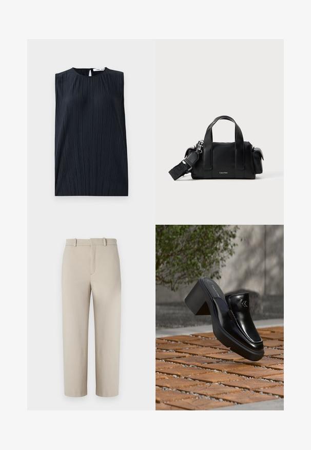 Sort ærmeløs top med rund hals og nøglehul bagpå. Har lodrette plisséer for tekstur. Glat stof med en let glans.; Beige cropped bukser, skræddersyet design, flad foran med skjult lynlås, to sidelommer, lavet af glat bomuldsblandet stof.; Sort læder Calvin Klein slip-on mule med blokhæl, der hviler på trætøj udendørs nær en grøn plante og en grå væg.; Sort lædertaske med to topbøjler og en aftagelig skulderrem. Har en lynlåslukning og et diskret logo foran.