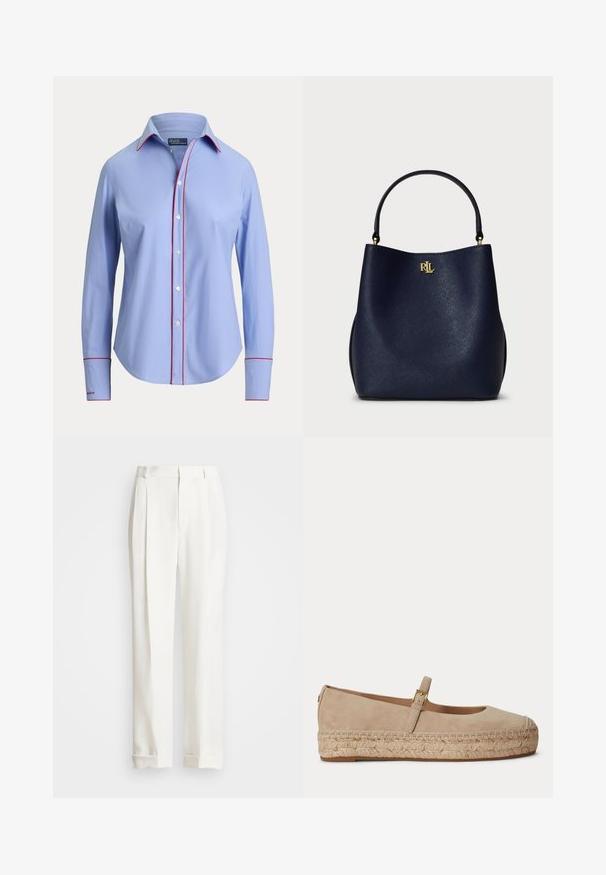 Chemise bleu clair à manches longues avec boutons, finition en biais rouge le long de la ligne des boutons, des bords du col et des poignets, avec une étiquette Polo by Ralph Lauren.; Pantalons blancs ajustés avec deux plis avant, coupe droite et ourlets repliés. Fabriqués en tissu lisse, présentant un design classique.; Chaussure plate Mary Jane en daim beige avec une semelle plateforme en jute tissée et une petite boucle dorée sur la bride.; Sac à main synthétique bleu marine avec une finition texturée, mettant en avant un accent en logo doré, une poignée lisse et une forme légèrement structurée.