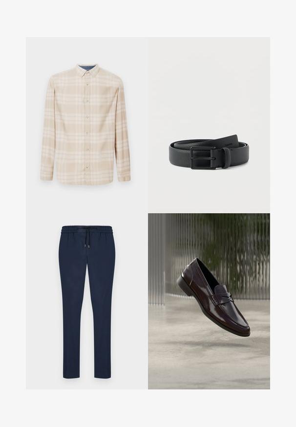 Beige Karo-Hemd mit langen Ärmeln, einer Button-Down-Kragen, Vorderknöpfen und subtilen blauen Akzenten am Halsauschnitt. Hergestellt aus weichem Stoff.; Dunkelblaue Jogginghosen mit einem Kordelzugbund, schmal zulaufenden Beinen und einem weichen, glatten Stoff. Keine Taschen oder auffälligen Muster.; Braune Leder-Loafer mit glänzendem Finish, die eine erhabene Naht und ein kleines ausgestanztes Detail an der Vorderseite aufweisen, sowie eine flache schwarze Sohle.; Schwarzer Ledergürtel mit strukturierter Oberfläche, zusammengerollt, mit einer mattschwarzen rechteckigen Metallschnalle, vor einfachem weißem Hintergrund.