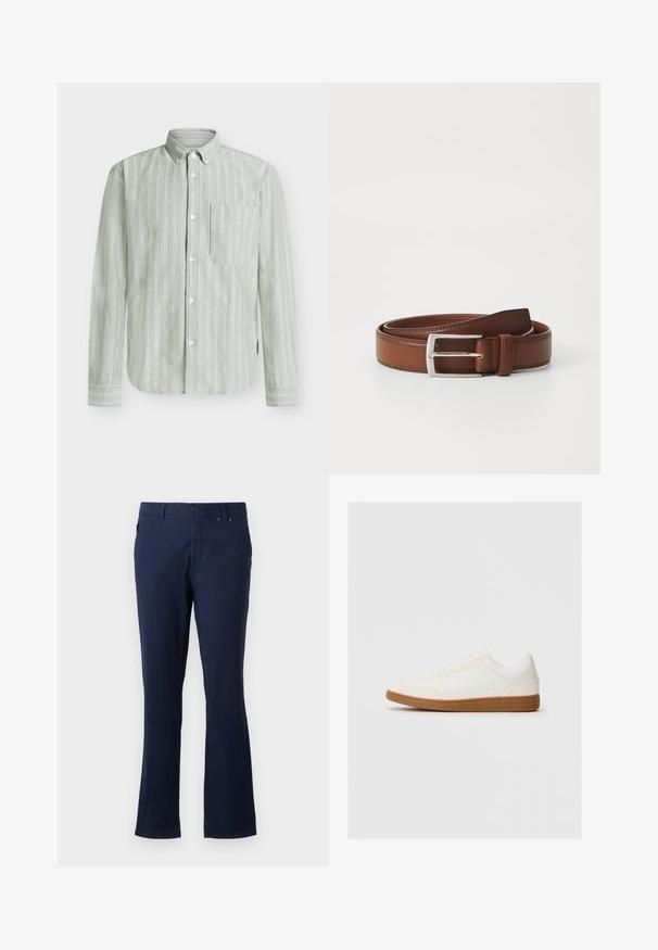 Camisa de botones verde con rayas, confeccionada en tela ligera, con un solo bolsillo en el pecho y rayas verticales blancas, además de puños con botones.; Pantalones azul marino confeccionados con tejido ligero, con un diseño de pierna recta, bolsillos frontales y cierre de botón en la cintura.; Zapatilla blanca con una puntera de ante, parte superior sintética suave y suela de goma marrón. Presenta perforaciones en los laterales para mayor transpirabilidad.; Cinturón de cuero marrón con un acabado liso, que presenta una hebilla de metal plateado y costuras sutiles a lo largo de los bordes. Diseño clásico y duradero.