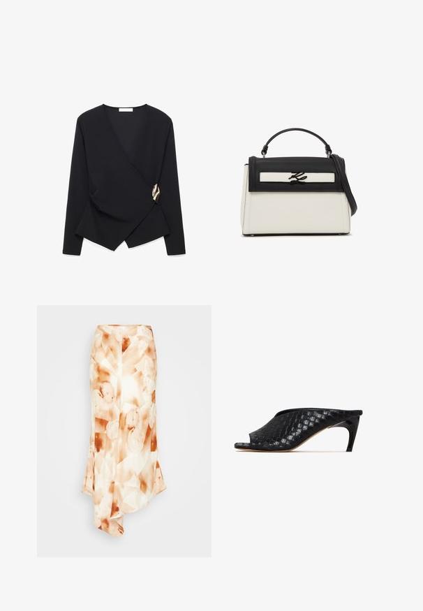 Blouse noire à manches longues avec un ourlet asymétrique et une fermeture décorative dorée sur le côté droit.; Jupe longue et fluide en tissu léger avec un motif abstrait dans des tons terre, comprenant du blanc crémeux, un orange doux et des taches marron.; Mules tissés noirs avec un bout ouvert et un talon courbé élégant. Le matériau a une finition brillante, arborant un motif texturé à carreaux.; Sac à main structuré en noir et blanc avec poignée supérieure, bandoulière amovible et logo de marque métallique sur le rabat avant.