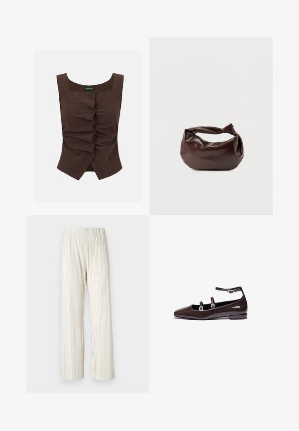 Blouse marron sans manches avec encolure carrée et boutons sur le devant créant un détail froncé et asymétrique au centre.; Pantalons larges plissés en beige clair, dotés d'une taille élastique. Fabriqués en tissu léger avec une texture verticale sur toute la surface.; Ballerines en cuir verni marron avec un bout pointu, présentant deux sangles réglables et des boucles en argent, ainsi qu'un petit talon carré.; Sac bandoulière en cuir marron foncé avec une forme souple et décontractée et une anse nouée torsadée sur un fond blanc uni.