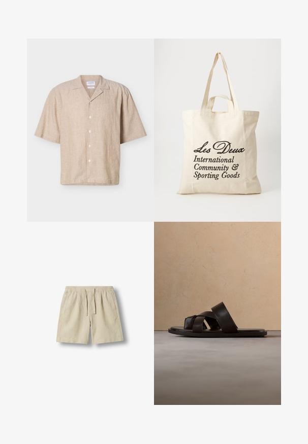 Chemise beige en lin à manches courtes avec un col de camping et cinq boutons blancs sur le devant.; Short beige décontracté avec taille élastique et cordon, poches latérales et ourlet droit, présenté sur un fond uni.; Sandale glissante en cuir noir avec trois sangles croisées, semelle plate et texture lisse, suspendue au-dessus d'un tapis en fibres naturelles tissées.; Sac tote en coton beige avec deux poignées robustes. Présente un texte imprimé en noir : "Les Deux International Community & Sporting Goods."