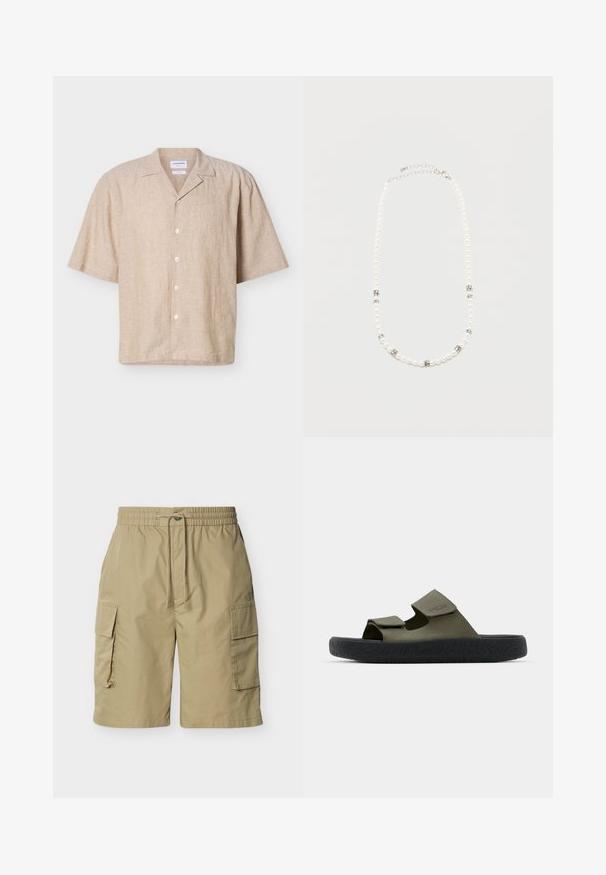 Beige Leinenhemd mit kurzen Ärmeln, Camp-Kragen und fünf weißen Knöpfen vorne.; Beige Cargo-Shorts mit elastischem Bund, Kordelzugverschluss und Klappentaschen auf beiden Seiten, vor weißem Hintergrund dargestellt.; Grüne Gummisandalen mit zwei verstellbaren Riemen und einer strukturierten schwarzen Sohle mit einem Profilmuster. Markenlogo auf dem Riemen sichtbar.; Weiße Perlenkette mit silbernen Strasszwischenstücken und einem silbernen Kettenverschluss, präsentiert vor einem einfachen hellen Hintergrund.
