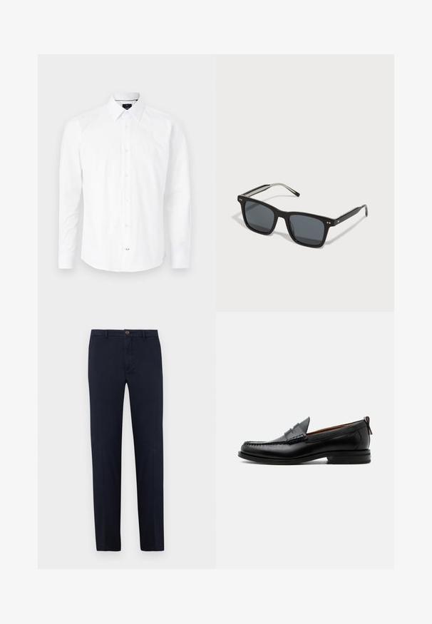 Camisa blanca de manga larga hecha de algodón. Presenta un cuello tipo button-down, cierre frontal con botones rosas y dobladillo curvado.; Pantalones de algodón azul marino con diseño de pierna recta, cremallera frontal y cierre de un solo botón. Textura suave sin patrones visibles.; Mocasín de hombre de piel negra con costura moc toe, tira penny, cuello texturizado y tacón bajo apilado sobre fondo blanco.; Gafas de sol cuadradas negras con lentes oscuros, montura de plástico, acentos metálicos y logo distintivo en la patilla. Diseño elegante con un aspecto moderno.