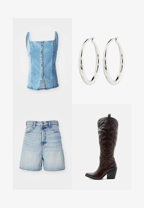 Denim püsiv, millel on ruudukujuline kaelus, sinine pesu, esine nööbiklapp dekoratiivsete kuldsete nuppudega, külgmised lõhed ja veidi kitsenev istuvus.; Heledad sinise denimi lühikesed püksid kõrge vöökohtaga, viis taskut, nööbiga kinnis ja kulunud äär. Siidine tekstuur koos kulumiskohtadega.; Kõrge tumepruun nahast kauboi saabas, millel on õmmeldud dekoratiivsed mustrid, terava varbaosaga ja kuhjatud plokk-kontsaga.; Hõbedased rõngasKõrvarõngad, millel on sile ja peegeldav pind. Ümara, suure kujuga ja ülemises osas turvalise klambriga. Poleeritud viimistlus toob esile sära.
