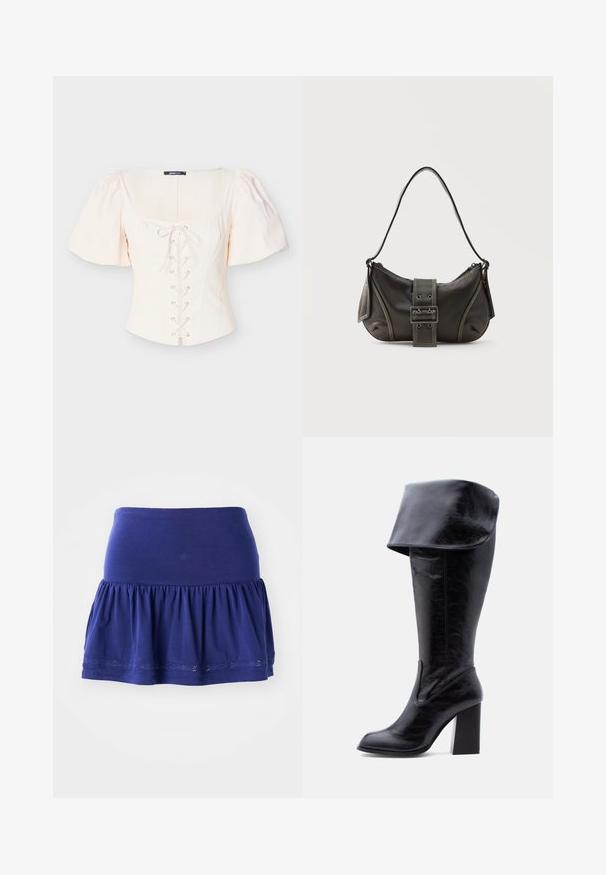 Top beige claro con mangas abullonadas, escote cuadrado, cordones en la parte delantera y detalles de ojetes. Hecho de una tela suave y texturizada para mayor comodidad.; Falda de jersey azul marino con un fondo fruncido, cintura elástica y borde decorativo bordado a lo largo del dobladillo. Tejido suave y ligero.; Bota alta negra de cuero con tacón, puño doblado y punta redonda, de pie sobre un fondo blanco.; Bolso de hombro de cuero negro con detalle de correa con hebilla, bordes curvos y costuras blancas en contraste sobre un fondo liso.