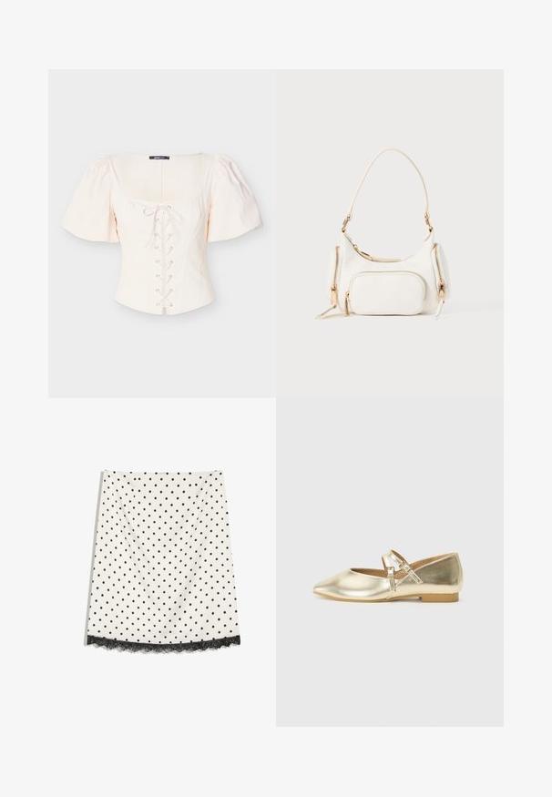Haut beige clair à manches bouffantes avec un col carré, un devant lacé et des accents à œillets. Confectionné dans un tissu doux et texturé pour le confort.; Jupe blanche à pois noirs, coupe droite, avec un galon en dentelle noire à l'ourlet.; Ballerines métalliques dorées avec un bout pointu, un design à double bride et un petit talon. Texture lisse et style minimaliste.; Sac à main blanc avec une bandoulière courte, surface texturée, plusieurs poches zippées et accents en métal doré. Design compact et moderne.