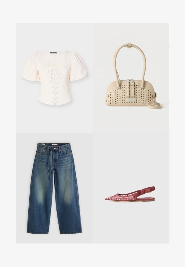 Lichtbeige top met pofmouwen, een vierkante halslijn, vetersluiting aan de voorkant en oogjes als accenten. Gemaakt van een zachte, textuurstof voor comfort.; Denim wide-leg jeans in donkerblauw met een vervaagd ontwerp, voorzien van een trekkoord in de taille en vijf zakken.; Roze slingback ballerina's met een spitse neus, versierd met zilveren studs en een gestructureerde band. De platte zool en open zijkanten verbeteren de ademend vermogen.; Beige leren handtas met geperforeerde gaten, twee ritssluitingen, dubbele handvatten en een lange riem, geplaatst tegen een effen achtergrond.