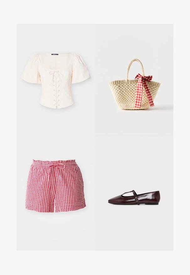 Lysebeige top med puffærmer, firkantet halsudskæring, snøre foran og nitteaccenter. Fremstillet af blødt, struktureret stof for komfort.; Røde og hvide ternede shorts med elastisk talje og snor, lavet af et let materiale og med en afslappet pasform.; Mørk burgunderfarvet flad lædersko med spids tå og en tynd T-rem med en sølvspænde på en hvid baggrund.; Flettet stråtaske med fletninger til håndtagene og et rødt og hvidternet bånd bundet som en sløjfe på den ene side.
