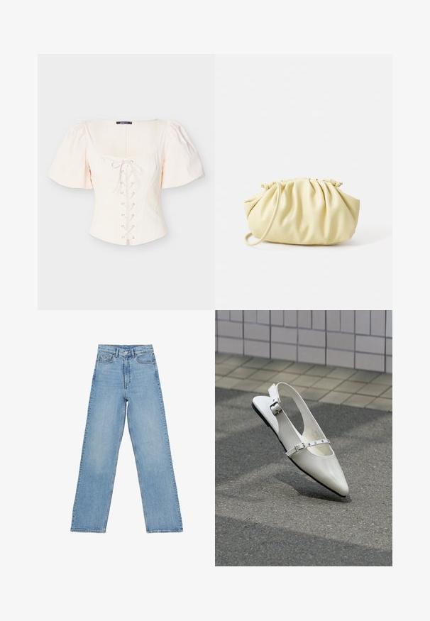 Lysebeige top med puffærmer, firkantet halsudskæring, snøre foran og nitteaccenter. Fremstillet af blødt, struktureret stof for komfort.; Lys blå denim jeans med høj talje, lige ben-design, der har fem lommer og en knaplukning. Ingen synlige mønstre.; Hvid spids slingback flad sko med to sølvspænder, vist udendørs på tekstureret underlag og flisebelagt væg baggrund.; Gul plisseret håndtaske lavet af glat kunstlæder, med en blød form, en enkelt skulderrem og samlet topdesign.