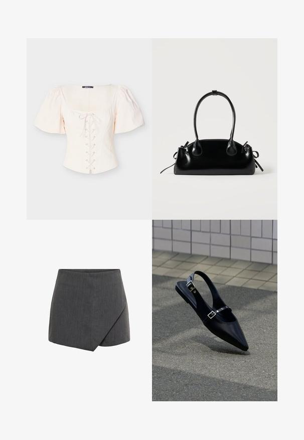 Lysebeige top med puffærmer, firkantet halsudskæring, snøre foran og nitteaccenter. Fremstillet af blødt, struktureret stof for komfort.; Grå kort nederdel med wrap-design i et glat, tekstureret stof. Skræddersyet pasform med en skrå afslutning og rene kanter.; Sort flad slingback med spids tå og dobbelte spænder, hvilende på grå asfalt nær flisevæg.; Lille sort blank håndtaske med to lange håndtag og snøre-detaljer i siden på en ensfarvet lys baggrund.
