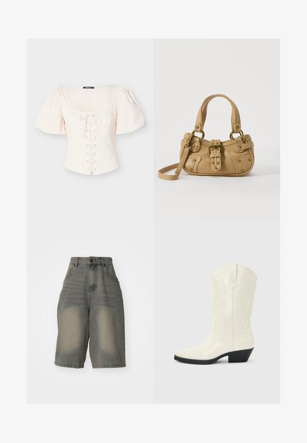 Lysebeige top med puffærmer, firkantet halsudskæring, snøre foran og nitteaccenter. Fremstillet af blødt, struktureret stof for komfort.; Jaded London LIGHT WASH JUMBO JORTS - Denimshorts - light wash; Hvid western-støvle til midt på læggen med spids tå, sort stablet hæl, dekorative sømme og trækflap på skaftet.; Beige læderhåndtaske med dobbelte håndtag, messing spænde og nitte detaljer samt en justerbar skulderrem mod en hvid baggrund.