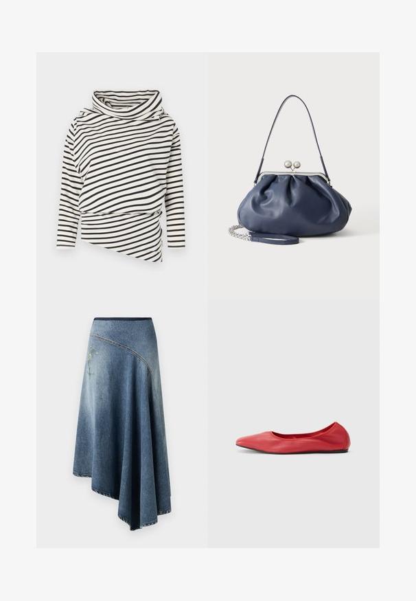 Asymmetrische lange mouw top in crème met zwarte strepen, voorzien van een hoge kraag en een gedrapeerd ontwerp aan de voorkant met een gestructureerde afwerking.; Denim wikkelrok in een licht naar donkerblauwe gradient, met een geborduurd bloemenpatroon aan één kant en zichtbare stikdetails langs de randen.; Filippa K REY FLATS - Ballerina's - bright red; Zachte navyblauwe leren handtas met zilveren sluiting, enkele schouderband en afneembare ketting polsband op witte achtergrond.