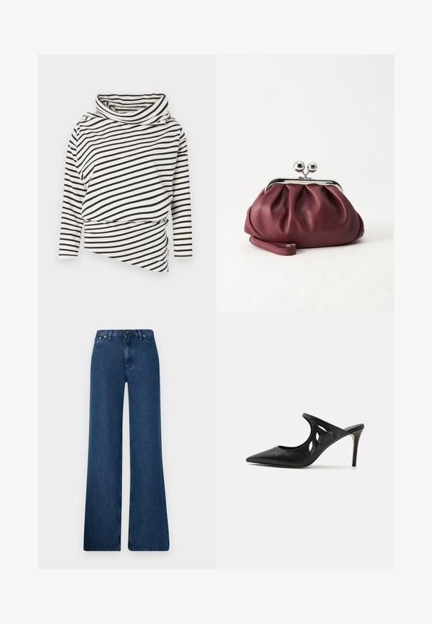Asymmetrisk langærmet top i creme med sorte striber, med en høj krave og draperet frontdesign med en tekstureret overflade.; Blå denim flared jeans med høj talje, fem-lomme design og metalknaplukning. Glat tekstur, afslappet stil og minimal syning.; Sorte læder højhælede mules med spids tå, udskåret sideskærm og glat tekstur. Stiletthæl og subtil syning.; Lille bordeauxlæder clutch-pung med sølv metal lukning og håndledsrem på hvid baggrund.
