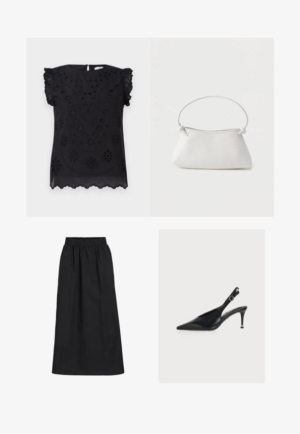 Top negro de manga corta con bordado floral y detalles de ojales, con un escote redondo y un dobladillo con forma de ondas.; Falda negra, hasta las rodillas, hecha de tela suave y ligera. Cuenta con una cinturilla elástica y un diseño simple y fluido sin adornos.; Zapato de tacón alto negro de cuero con puntera puntiaguda y talón descubierto, con tacón fino y cierre de hebilla dorada sobre fondo blanco liso.; Bolso de mano de cuero blanco tejido con asa redondeada y extremos de la correa anudados, exhibido sobre un fondo liso.
