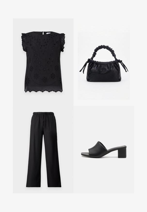 Top negro de manga corta con bordado floral y detalles de ojales, con un escote redondo y un dobladillo con forma de ondas.; Pantalones de pierna ancha negros, elaborados con un tejido ligero, que cuentan con una cinturilla elástica con cordón y una textura suave.; Mulas de tacón cuadrado de cuero negro con punta abierta, que presentan una superficie lisa y una parte superior ligeramente curvada para mayor comodidad y estilo.; Bolso negro con textura de cocodrilo, borde superior fruncido, asa recogida y cordones con borlas en cada lado sobre un fondo blanco.