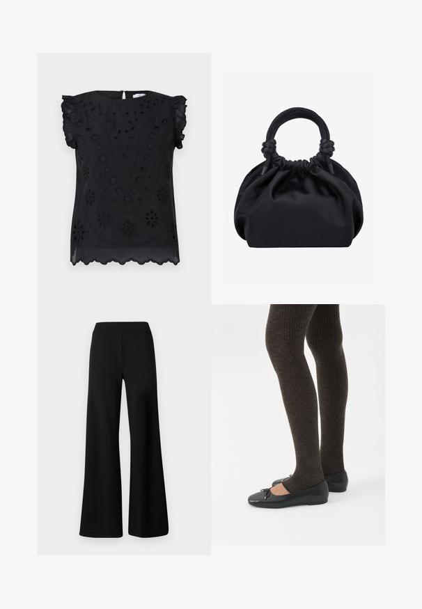 Haut noir à manches courtes avec broderies florales et détails en œillets, col rond et ourlet festonné.; Pantalons larges noirs en tissu doux et extensible. Dotés d'une taille élastique lisse et d'un design épuré, sans embellissement.; Jambes portant des leggings côtelés foncés associés à des ballerines noires avec de petits détails en nœud sur fond blanc.; Sac à main en tissu noir doux avec haut froncé et poignées circulaires rembourrées nouées de chaque côté.