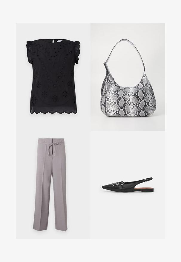 Haut noir à manches courtes avec broderies florales et détails en œillets, col rond et ourlet festonné.; Pantalons larges gris clair en tissu doux, avec une taille à cordon et des plis marqués pour un ajustement structuré.; Chaussure plate noire en cuir avec un bout pointu, dotée de deux lanières horizontales et de boucles carrées en argent, avec un faible talon et une texture lisse.; Sac à épaule en simili cuir noir et blanc avec imprimé serpent, de forme arrondie, texture lisse et bandoulière incurvée. Présente un accent en matériel argenté.