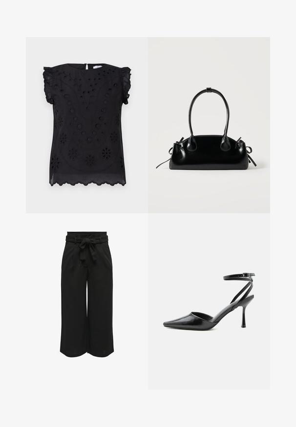 Top negro de manga corta con bordado floral y detalles de ojales, con un escote redondo y un dobladillo con forma de ondas.; Pantalones de pierna ancha negros, confeccionados en un tejido ligero, con un cinturón atado en la cintura y detalles de pliegues en la parte delantera para un ajuste estructurado.; Zapato de tacón alto negro de punta fina con delgadas correas en el tobillo y cierre de hebilla plateada sobre un fondo liso claro.; Pequeño bolso negro brillante con dos asas largas y detalles de cordón lateral sobre un fondo claro liso.